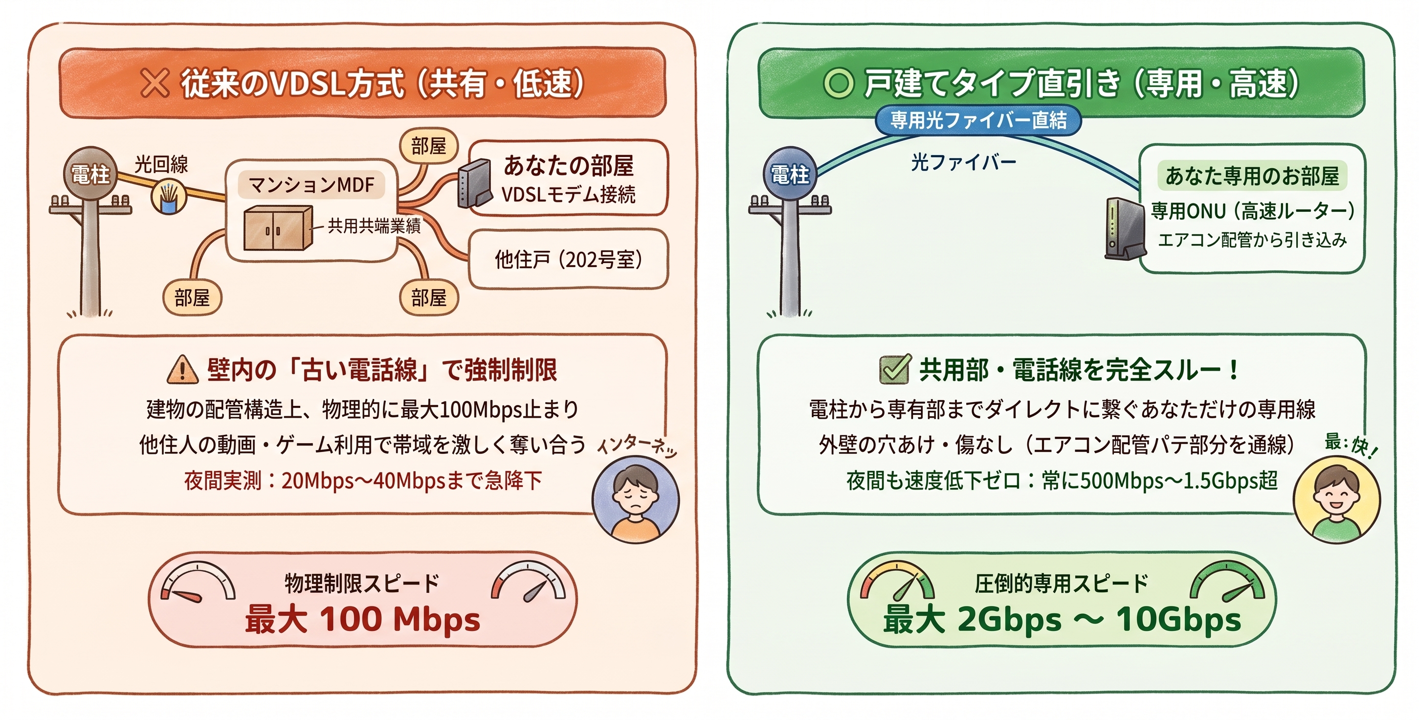 VDSL方式と戸建てタイプ部屋直引きの構造比較図